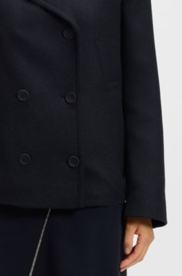 Regular-fit pea coat in a wool blend, Dark Blue