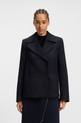 Regular-fit pea coat in a wool blend, Dark Blue