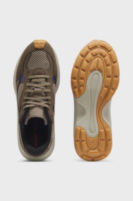 Sneakers in mesh e similpelle, Marrone chiaro