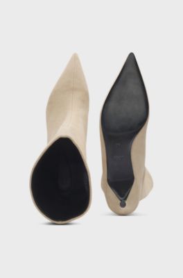 Stivali tubolari in pelle scamosciata con tacco medio, Beige chiaro