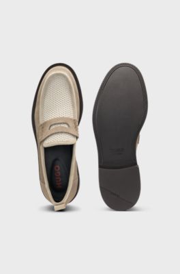 Mocassins en cuir su&eacute;d&eacute; &agrave; empeigne textur&eacute;e, Beige clair