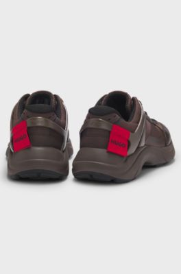 Mixed-material trainers with logo flag, Dark Brown