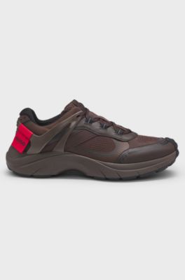 Mixed-material trainers with logo flag, Dark Brown