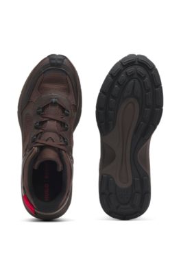 Mixed-material trainers with logo flag, Dark Brown