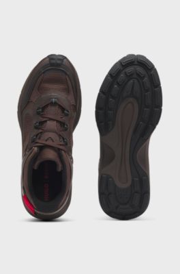 Mixed-material trainers with logo flag, Dark Brown