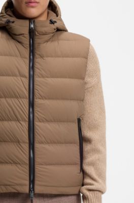 Gilet idrorepellente con cappuccio e imbottitura di piume, Marrone chiaro