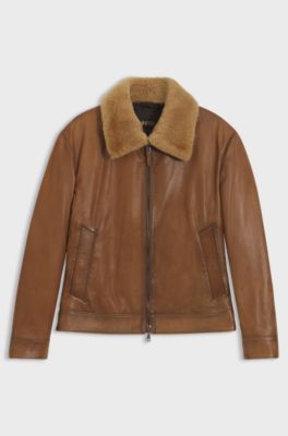 Padded nappa-leather jacket with detachable shearling collar, Brown