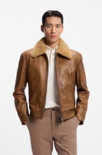 Padded nappa-leather jacket with detachable shearling collar, Brown