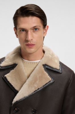 Regular-fit jacket in Italian shearling leather, Dark Brown