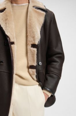 Regular-fit jacket in Italian shearling leather, Dark Brown
