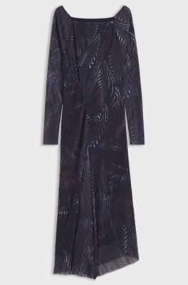 Pliss&eacute;-tulle dress with all-over print, Patterned