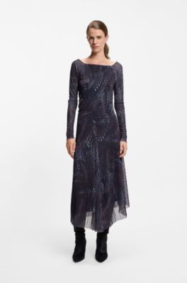 Pliss&eacute;-tulle dress with all-over print, Patterned