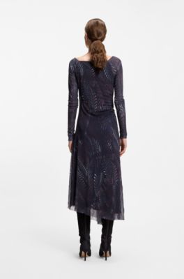 Pliss&eacute;-tulle dress with all-over print, Patterned