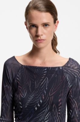 Pliss&eacute;-tulle dress with all-over print, Patterned