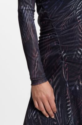 Pliss&eacute;-tulle dress with all-over print, Patterned