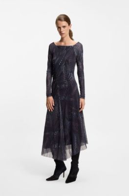 Pliss&eacute;-tulle dress with all-over print, Patterned