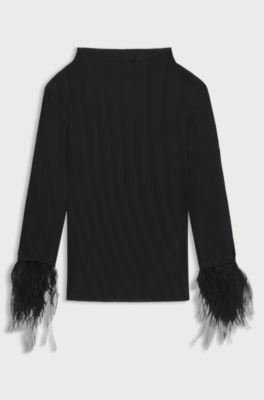 Pliss&eacute; jacquard top with detachable feather cuff trims, Black
