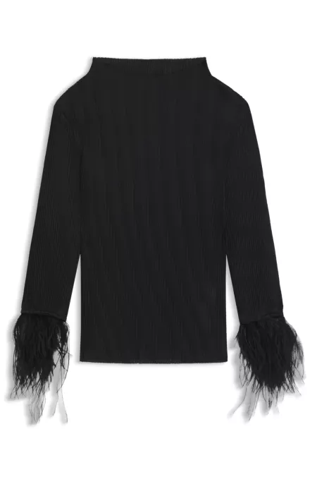 Plissé jacquard top with detachable feather cuff trims