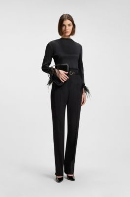 Pliss&eacute; jacquard top with detachable feather cuff trims, Black