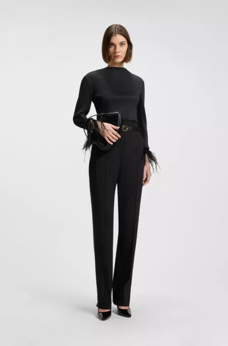 Plissé jacquard top with detachable feather cuff trims