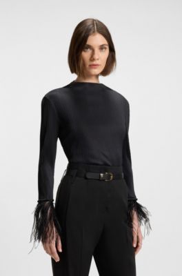 Pliss&eacute; jacquard top with detachable feather cuff trims, Black
