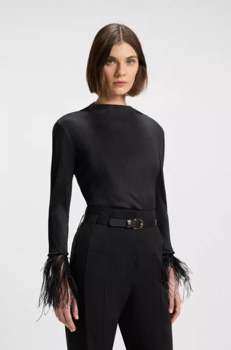 Plissé jacquard top with detachable feather cuff trims