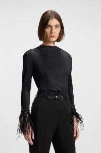 Plissé jacquard top with detachable feather cuff trims, Black