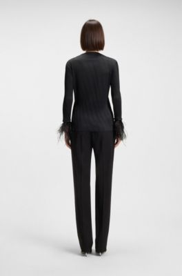 Pliss&eacute; jacquard top with detachable feather cuff trims, Black