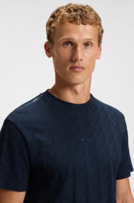 Cotton T-shirt with jacquard pattern, Dark Blue