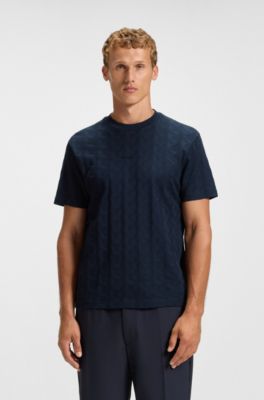 Cotton T-shirt with jacquard pattern, Dark Blue