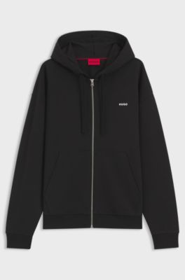 Hoodie i terry-bomull med dragkedja och tryckt logga, Svart
