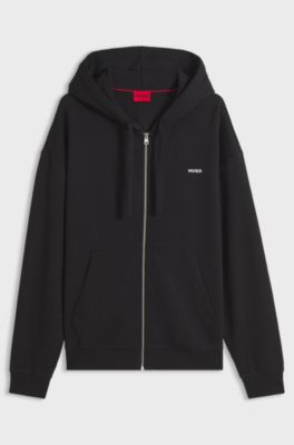 Sudadera de felpa de algod&oacute;n con capucha, cremallera y logo estampado, Negro