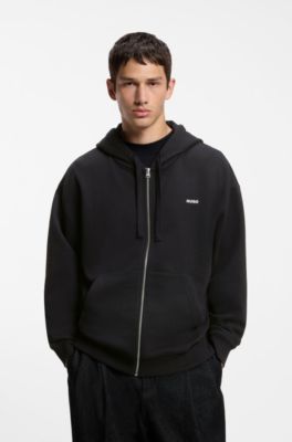 Felpa con cappuccio in terry di cotone con zip e logo stampato, Nero