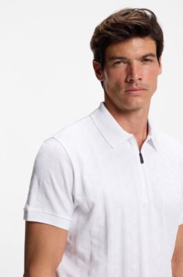 Mercerised-cotton polo shirt with jacquard pattern, White