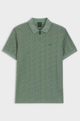 Polo en coton merceris&eacute; avec motif jacquard, Vert