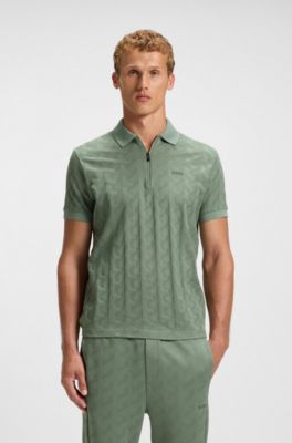 Polo en coton merceris&eacute; avec motif jacquard, Vert