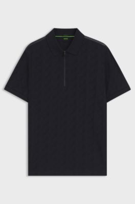 Mercerised-cotton polo shirt with jacquard pattern, Dark Blue