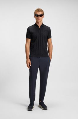 Mercerised-cotton polo shirt with jacquard pattern, Dark Blue