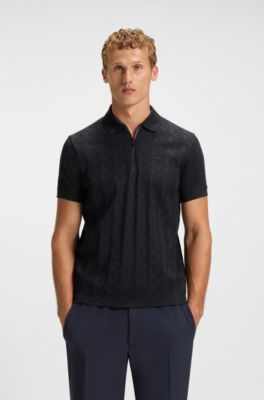 Mercerised-cotton polo shirt with jacquard pattern, Dark Blue
