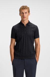 Mercerised-cotton polo shirt with jacquard pattern, Dark Blue
