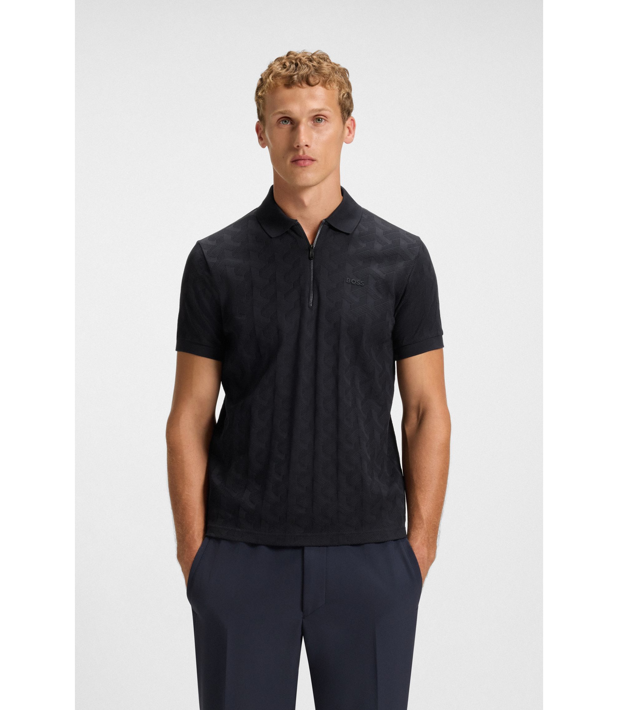 BOSS - Mercerised-cotton polo shirt with jacquard pattern - Dark Blue