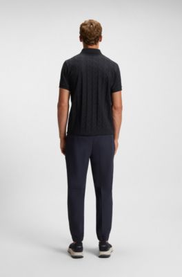 Mercerised-cotton polo shirt with jacquard pattern, Dark Blue