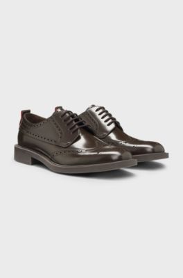Leather Derby shoes with brogue details, Dark Brown