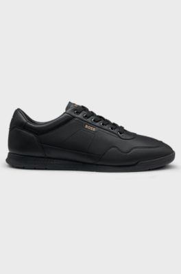 Sneakers in pelle e nappa con logo dorato, Nero