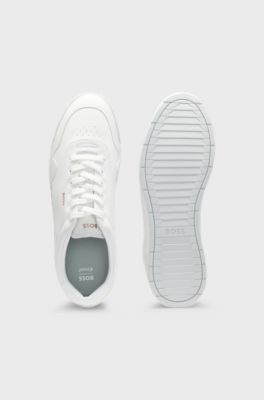 Sneakers in pelle e nappa con logo dorato, Bianco