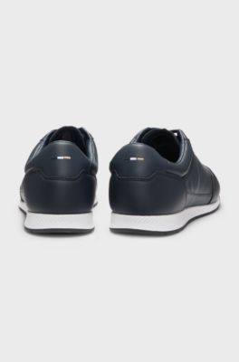 Sneakers in pelle e nappa con logo dorato, Blu scuro