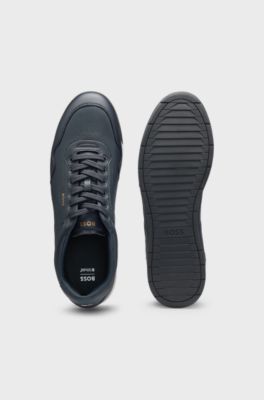 Sneakers in pelle e nappa con logo dorato, Blu scuro