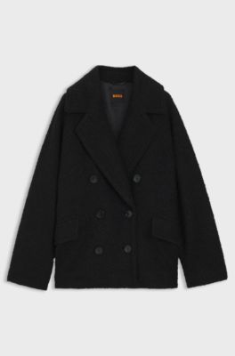 Boxy-fit Caban coat with boucl&eacute; texture, Black