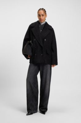 Boxy-fit Caban coat with boucl&eacute; texture, Black