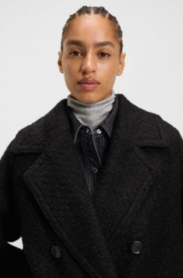 Boxy-fit Caban coat with boucl&eacute; texture, Black